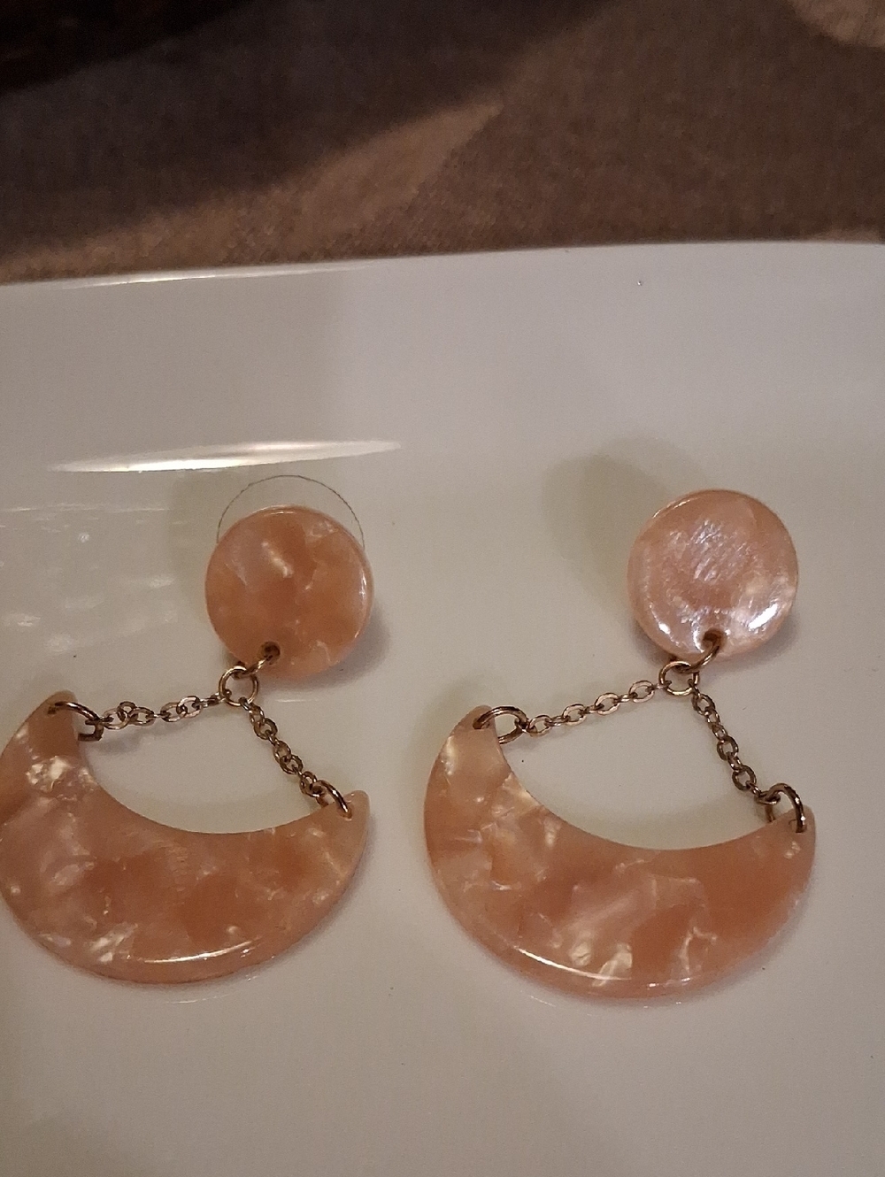 Peach Crescent Dangle Earrings with Chain Detail